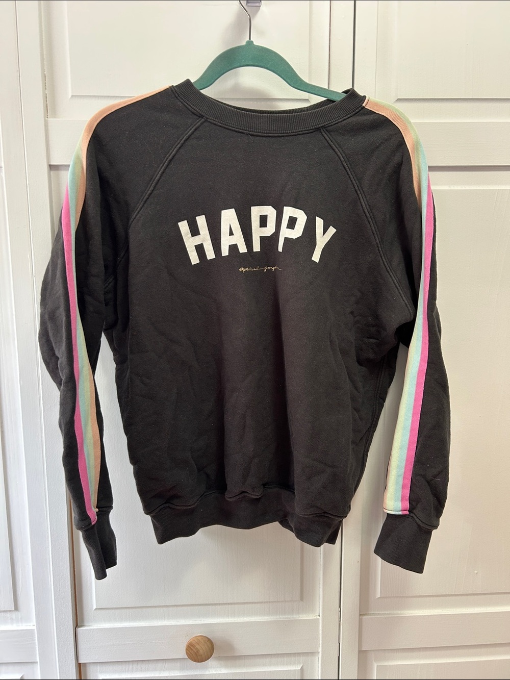 Spiritual Gangster Black 'HAPPY' Sweatshirt with Pastel Stripe Sleeves